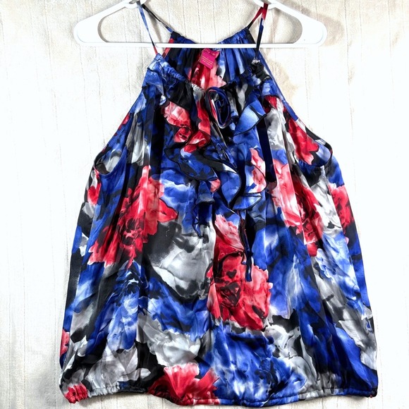 Sunny Leigh Tops - Y2K Women's Silky Floral Ruffle Sleeveless Top - Red, Blue, and Gray Size Large